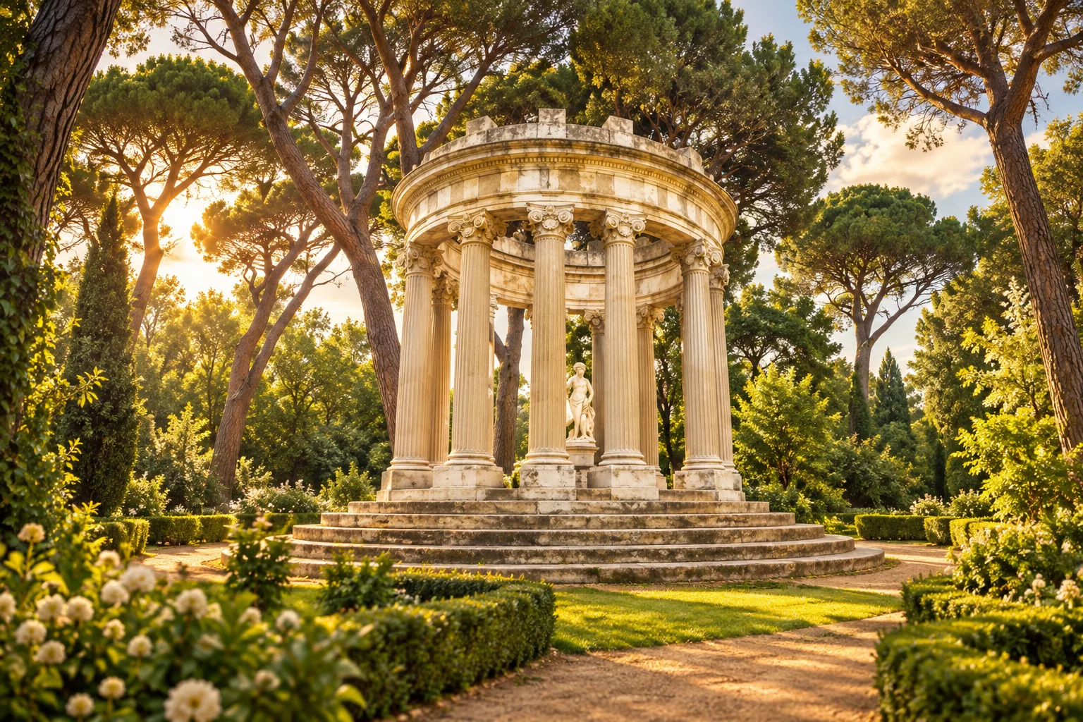 Recreación del Templete de Baco entre árboles al atardecer